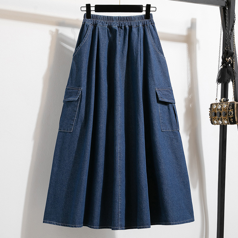 Denim Pure Color Large Size Skirt Spring & Fall 2025 Casual Loose Ruffled Skirt A-Line Skirt Mid-Length Skirt High Waist
