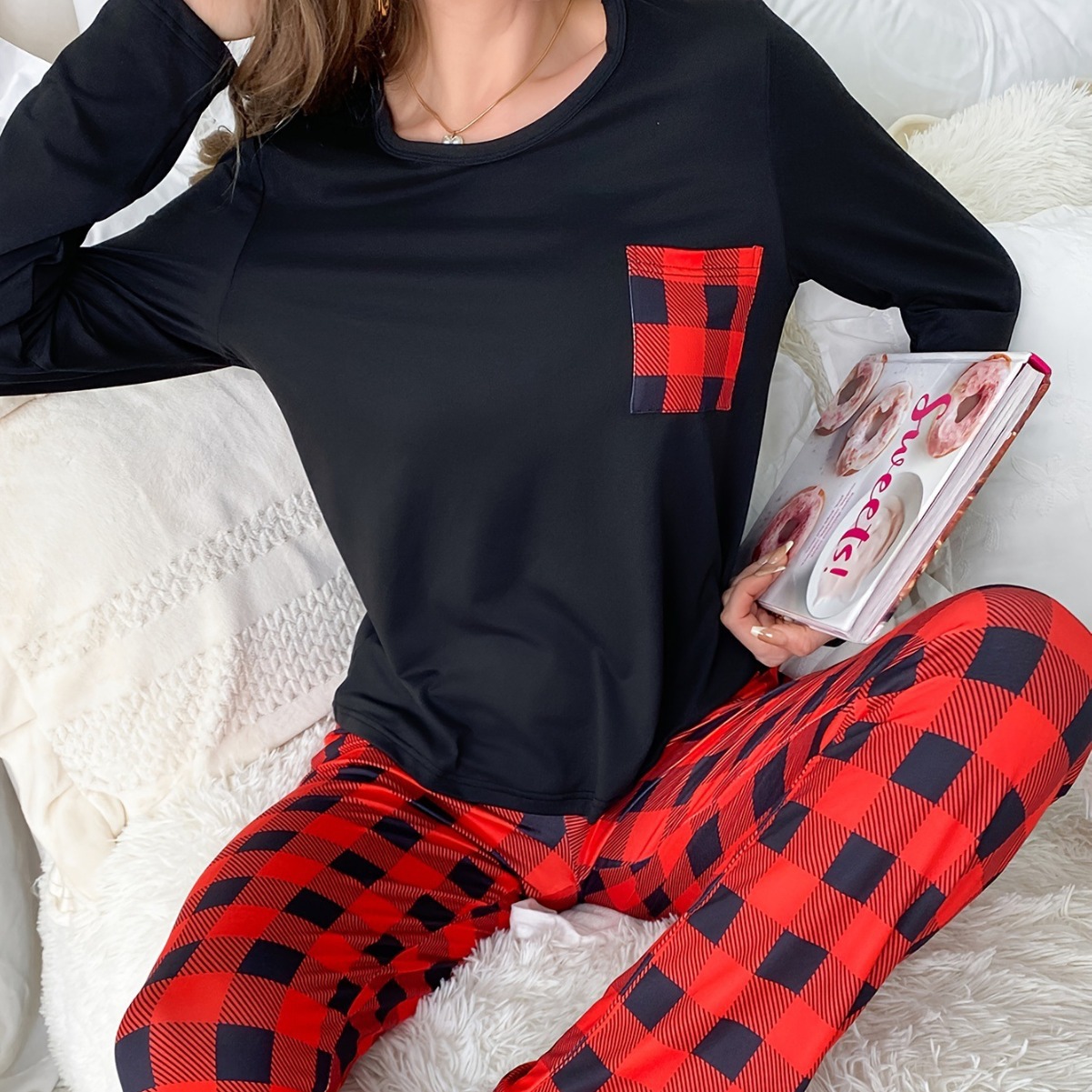 Picture of Cross-border Autumn and Winter Pajamas suit Foreign Trade Women's European and American Home Clothes Plaid Pocket Long Sleeve Top Pants Two-piece Set
