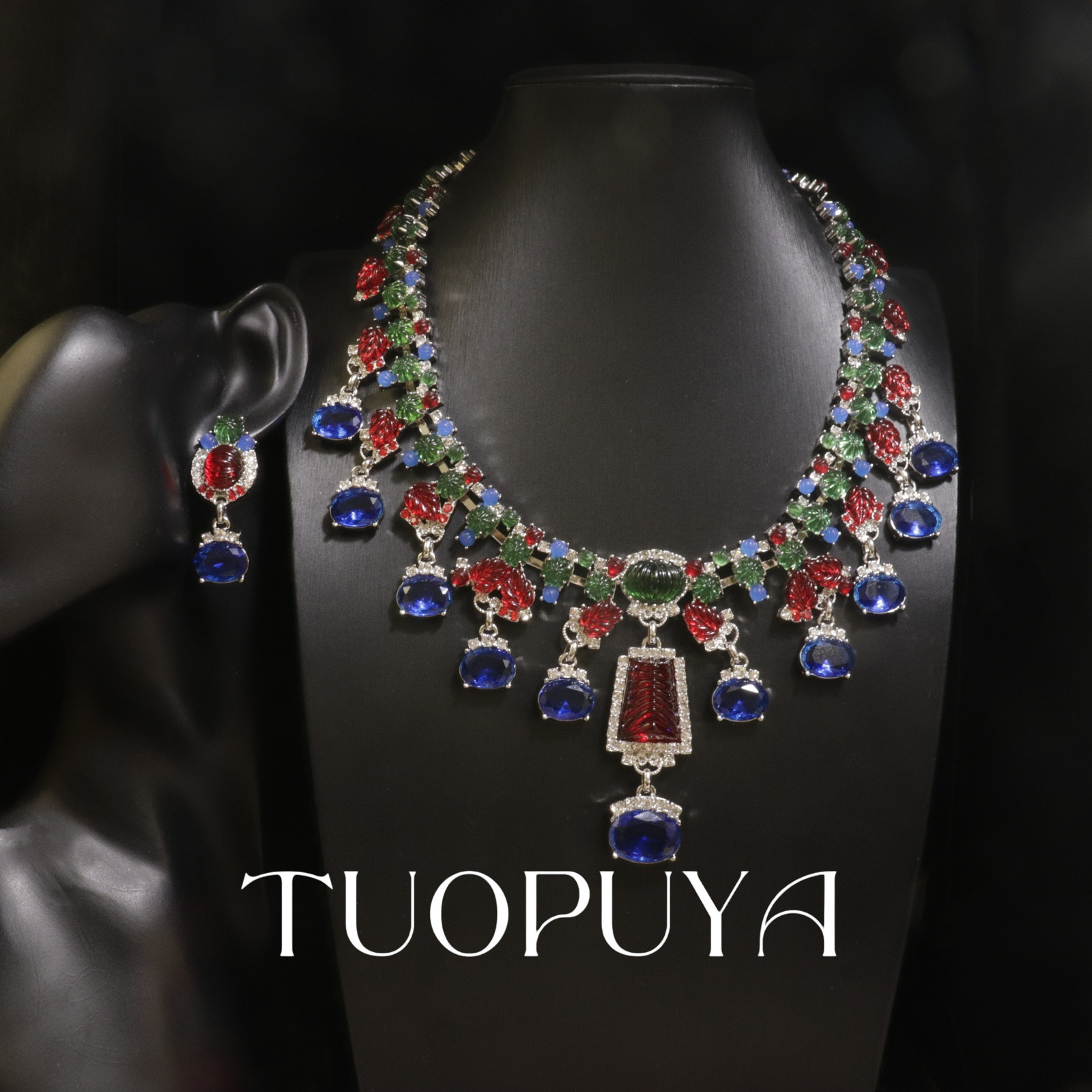 Picture of Exquisite Heavy Industry Rhinestone Inlaid Colorful Necklace Earrings suit Light Luxury All-match Red New Year Jewelry