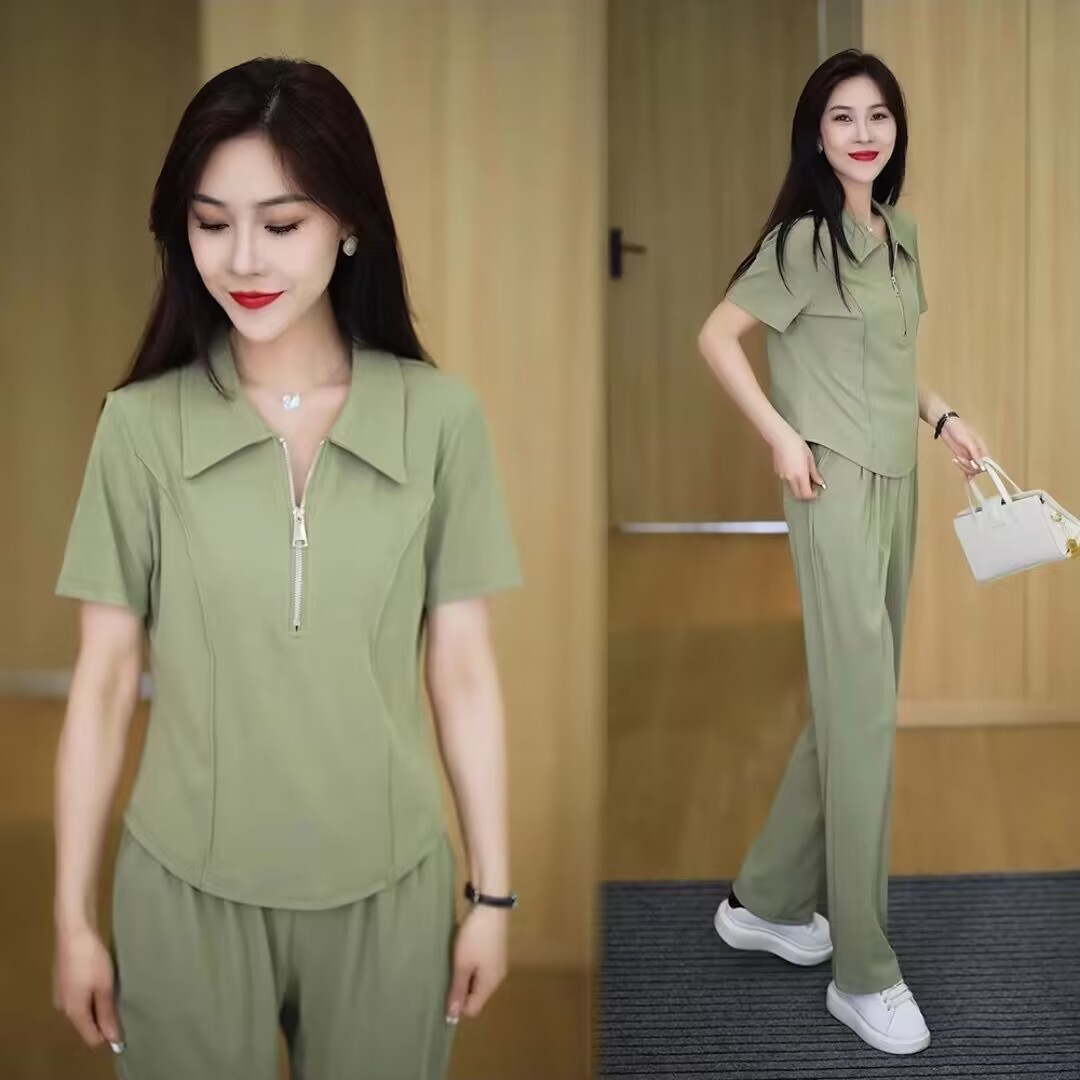 Fashion sportswear suit women's summer 2024 new Korean style slim casual wide leg pants two-piece set