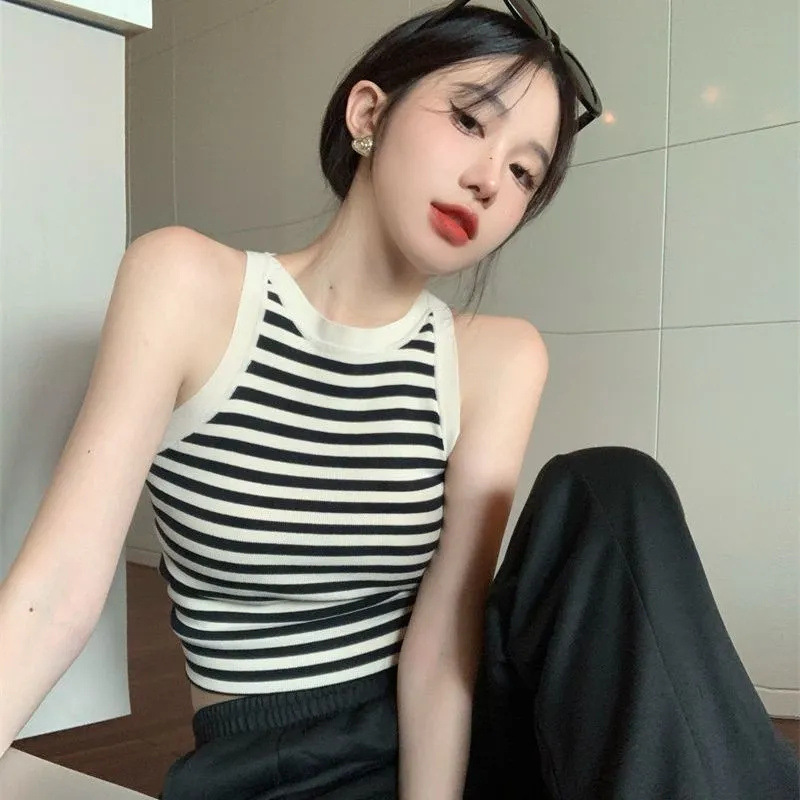 Striped Ice Silk Knitted Vest Women's Summer Slimming Short chic Sleeveless Small Strap Outer Wear Pure and Desirable Top