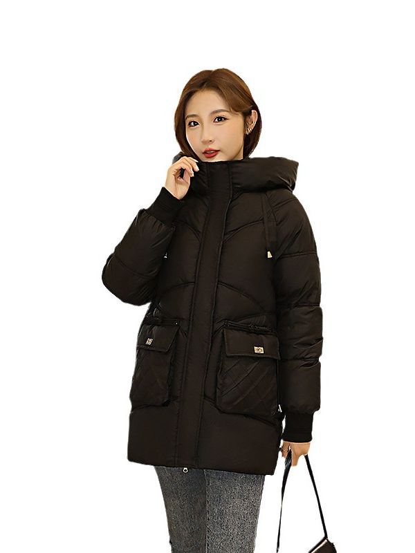 Picture of 2023 new hooded cotton-padded coat solid color warm thickened casual mid-length versatile college style elegant cotton-padded coat