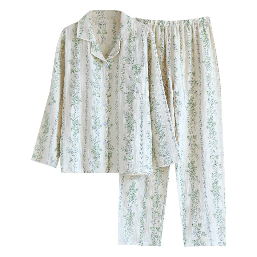 Crepe cotton seersucker pure cotton Women's lapel simple loose home wear pajamas suit long sleeve trousers cardigan