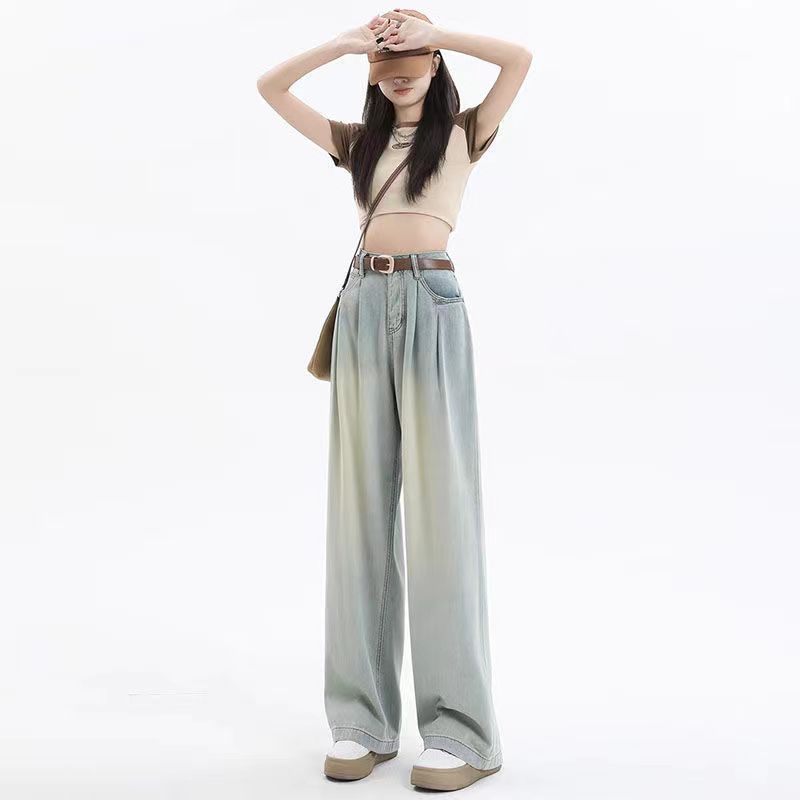 Retro wide-leg jeans for women 2024 Spring and Autumn New High waist straight simple style loose draping mop pants