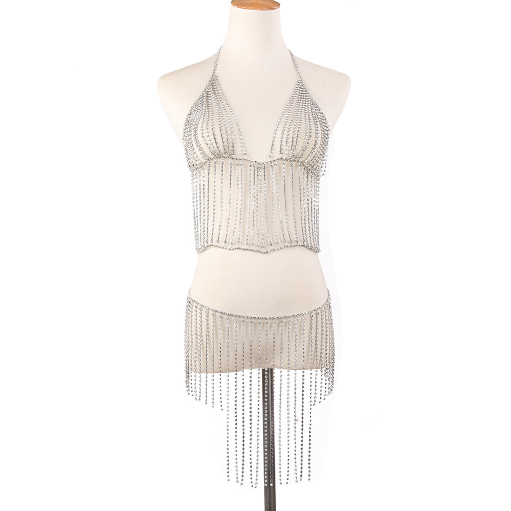 Picture of European and american cross-border jewelry summer fashion rhinestone bra skirt suit sexy nightclub waist chain tassel body chain female