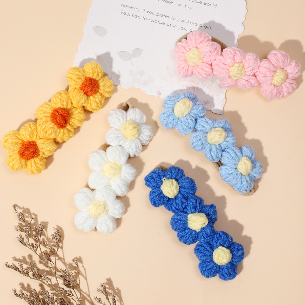 Children's Summer Handmade Crochet Wool Thin Hair Belt Internet Celebrity Ins Puff Flower Knitted Braided Girls' Hair Ring