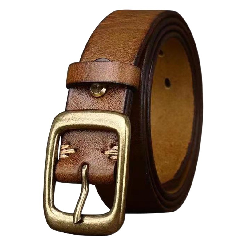 3.3CM Wide Vintage Washed Top Layer Pure Cowhide Belt Men's Genuine Leather Korean Fashionable Copper Buckle Women's Casual Belt