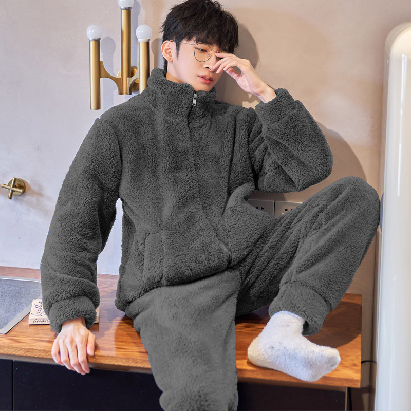 Plush Winter Pajamas Men's Long Hair Coral Fleece Warm Cardigan Zipper Flannel Outfit Outfit