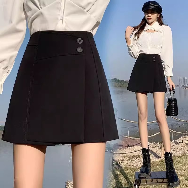 Black Thin Short Pants Skirt Women's 2024 New Spring and Summer Korean Style Irregular A- line High Waist Wide-leg Shorts