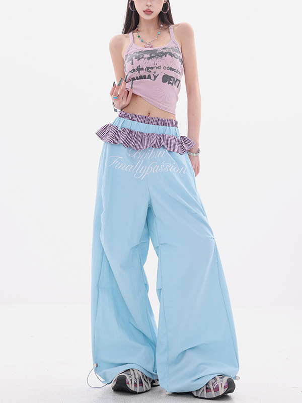 Abwear Ripple Wind Chime-Original Elastic Waist Plaid Lace Casual Pants Women's Summer New Loose Floor-Mopping Pants
