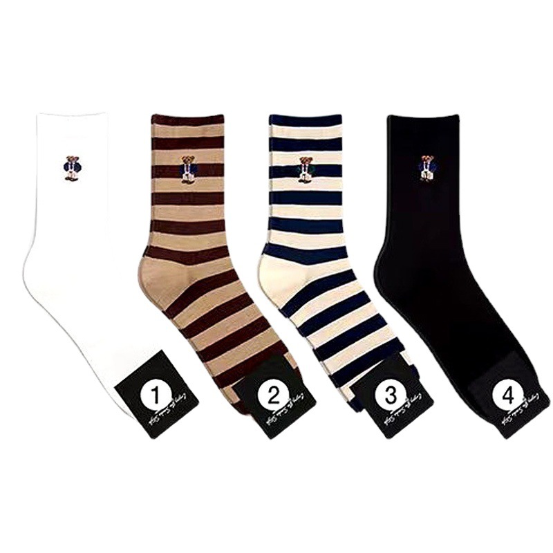0 South Korea socks cotton soft striped color men's cotton socks cartoon bear breathable sweat-absorbent tube socks Ming Peng