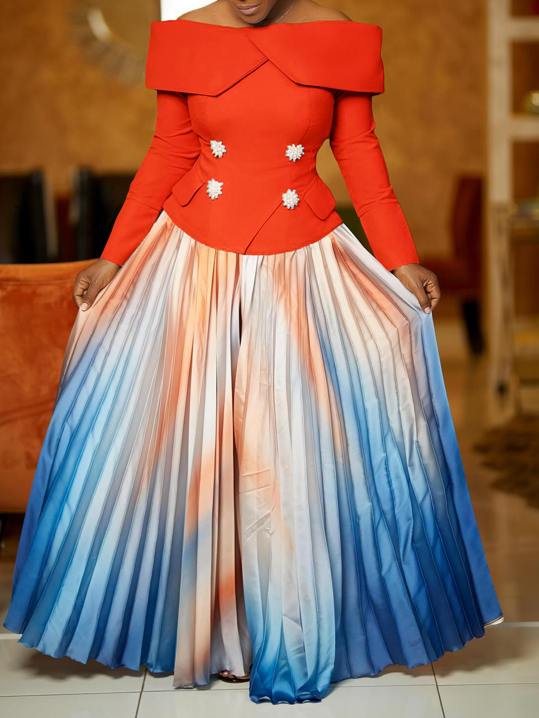 D3309 New 2024 Cross-border European and American Foreign Trade Fashion Elegant One-word Collar Top Long Dress African suit