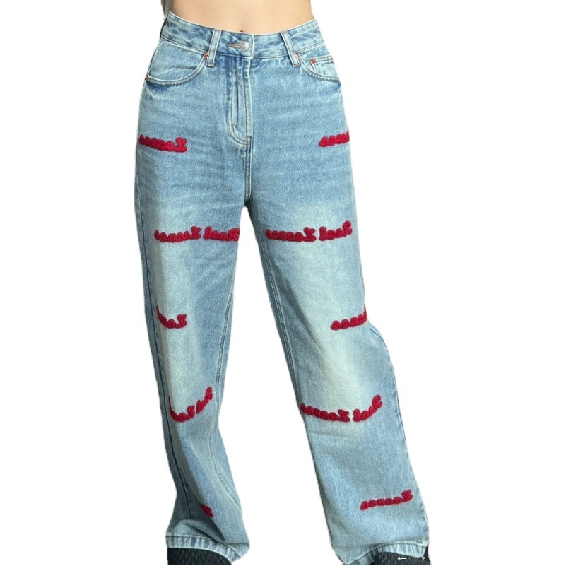 Autumn New Supermodel Jeans Red English Embroidery Embroidered Casual Straight High Waist Slimming Trendy Ins Pants