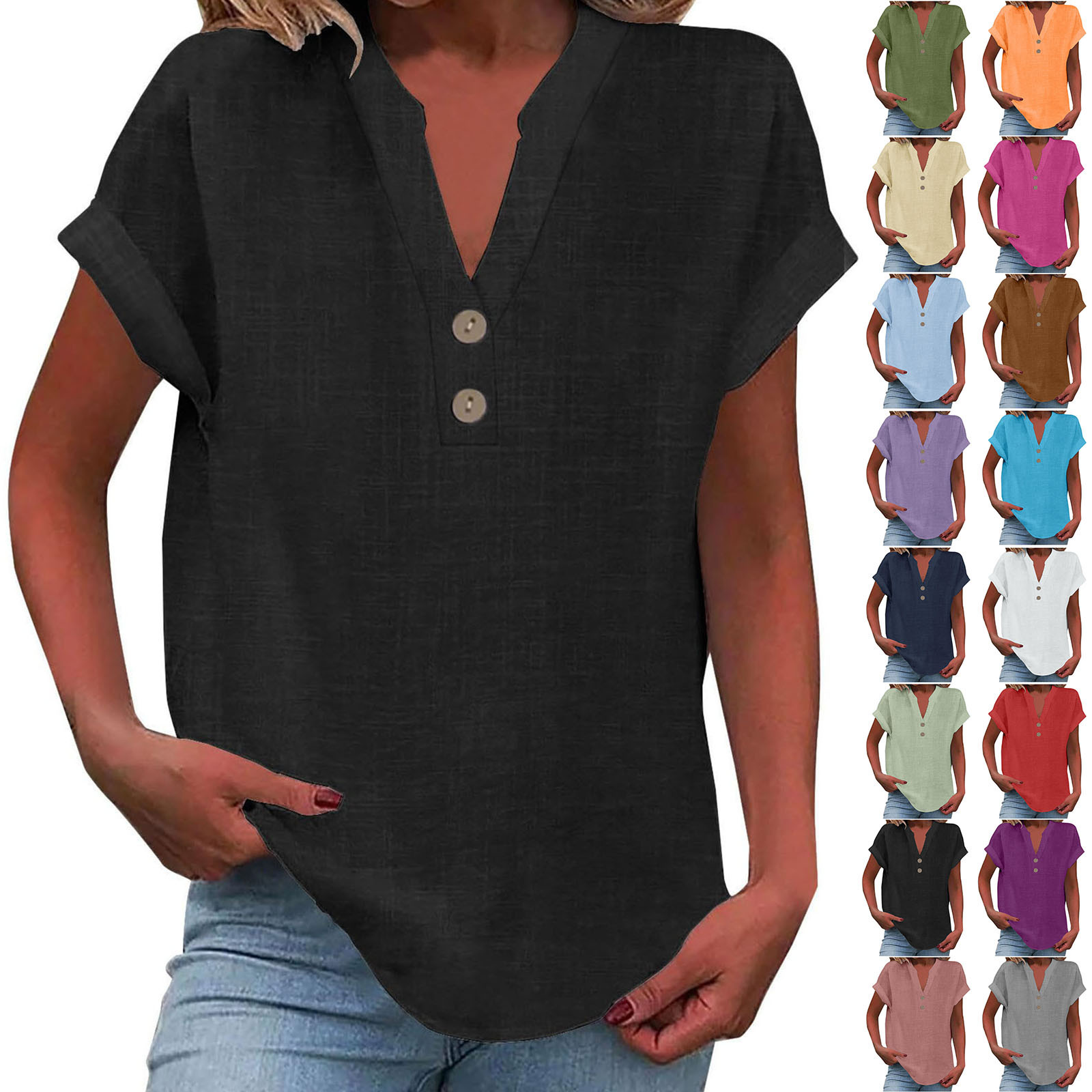 2025 European and American Summer Hot Style Pure Color Stand-Up Collar Buttoned V Neck Short-Sleeved Bamboo Linen Shirt