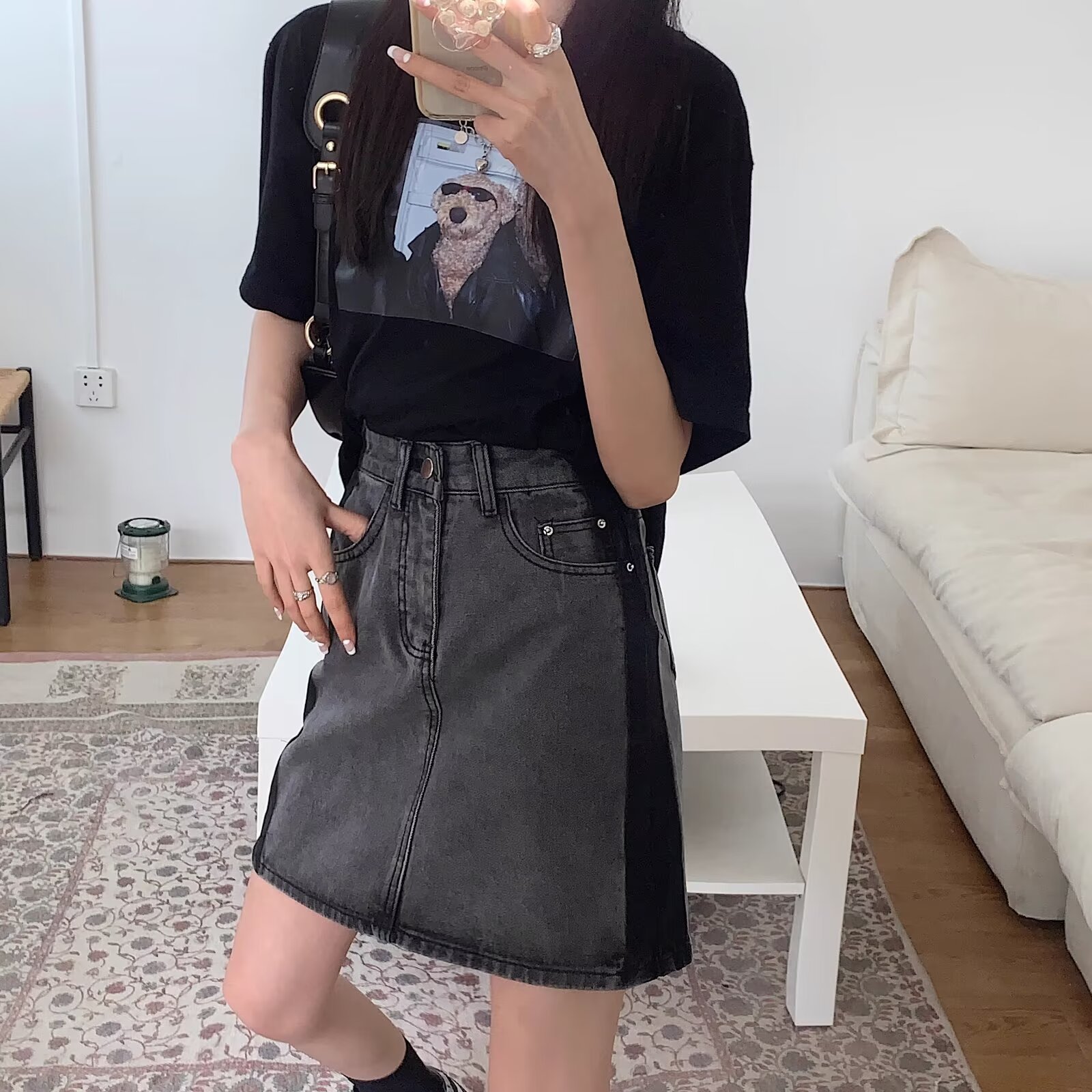 Design Sense Stitching Contrast Color Denim Skirt Women's Pear Shape Figure Finished A- Line Skirt Elegant High Waist Hip Skirt