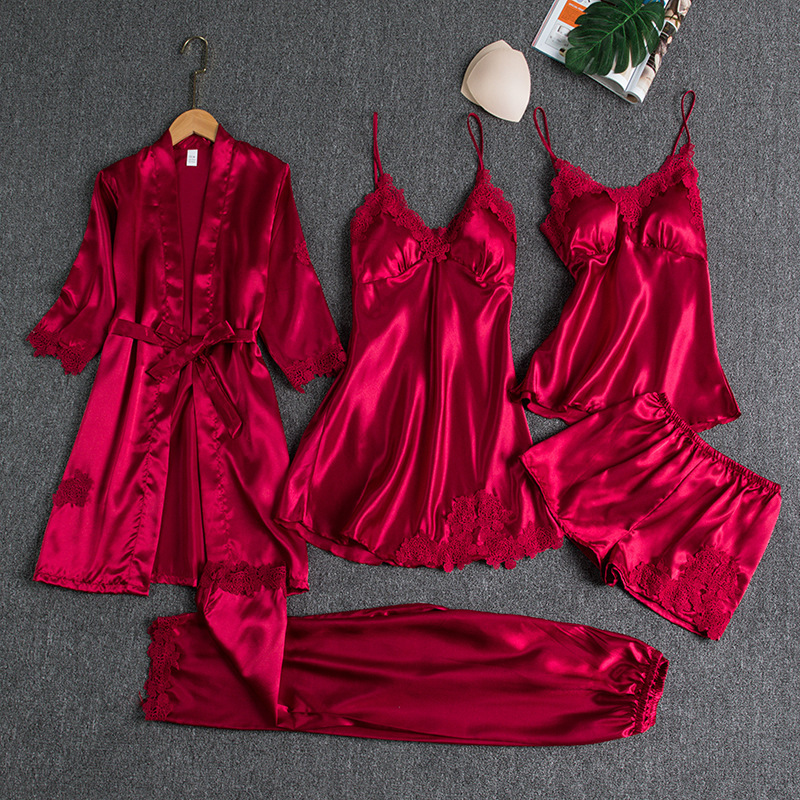 Picture of Pajamas Women's Summer Ice Silk Sexy Hot Home Clothes Spring and Autumn Long Sleeve Thin plus size Cross-border Five-piece suit Bathrobe