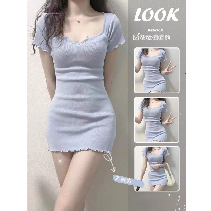 French Style Slimming Short Skirt Retro Tight Short Sleeve dress Women's Summer Pure Desire Style Sexy Hot Girl Hip Skirt