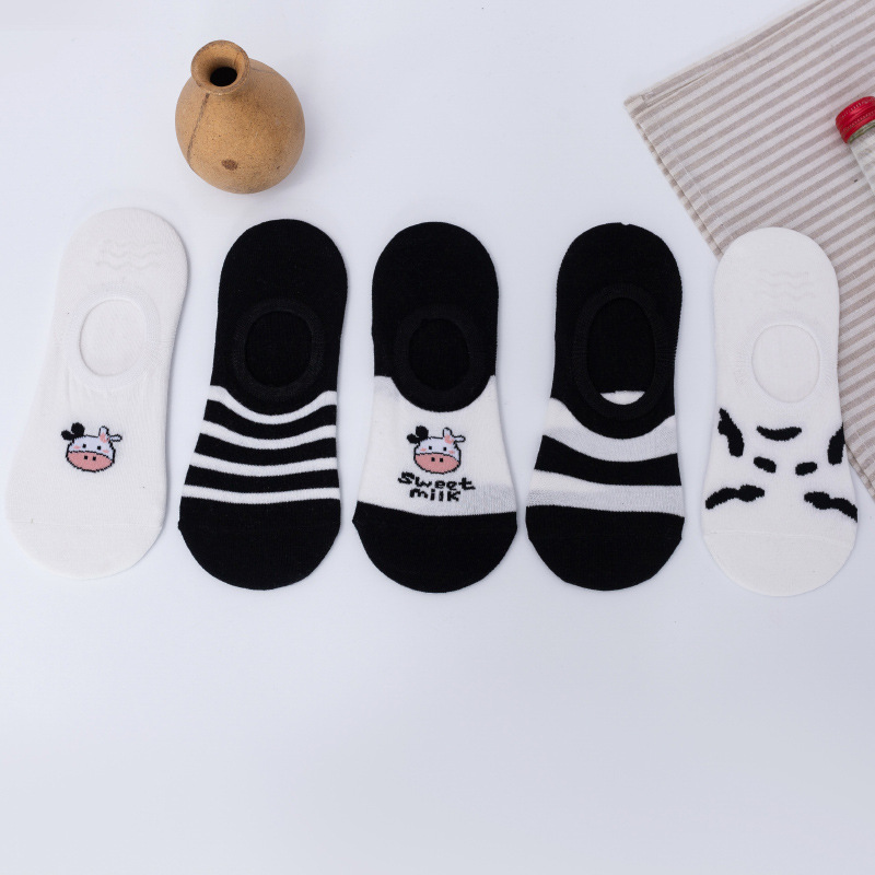 Black and White Cow Socks Women's Short Socks Shallow Mouth Instagram Fashionable Summer Thin Cute Japanese Style Internet Popular Low-side Invisible Boat Socks