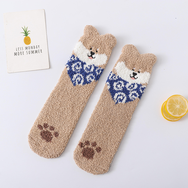 Picture of Winter Coral Fleece Sleep Socks Women Cute Puppy Cartoon Socks Thickened Warm Floor Socks Adult Towel Socks
