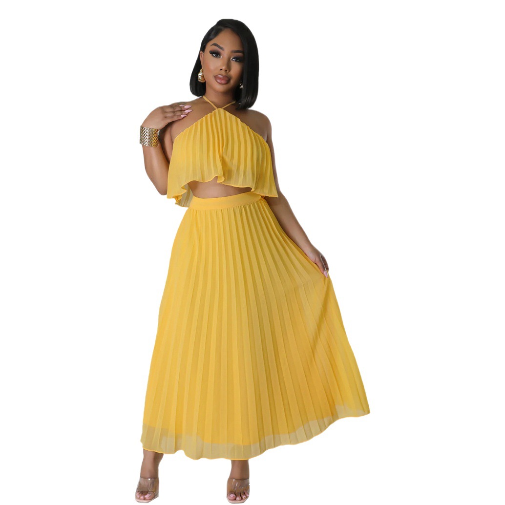 10090 Cross-border Europe and America Amazon Sexy Backless Neck Vest Fresh Pleated Half-length Dress Two-piece Set