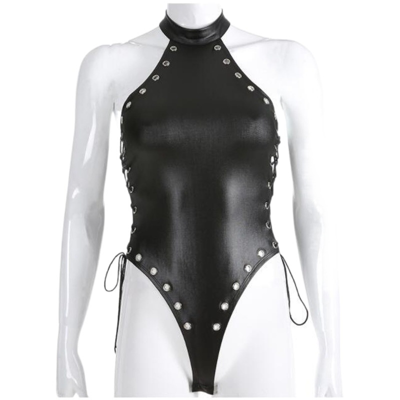 New European and American sexy lingerie sexy faux leather bellyband-shaped hollow-out one-piece sexy swimsuit home