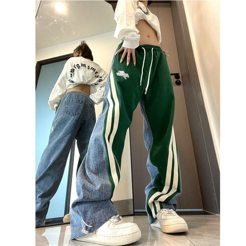 Fatty plus size 150.00kg American High Street Pants Women's Spring and Autumn 2024 Street Dance Casual Pants Stitching Denim High Street