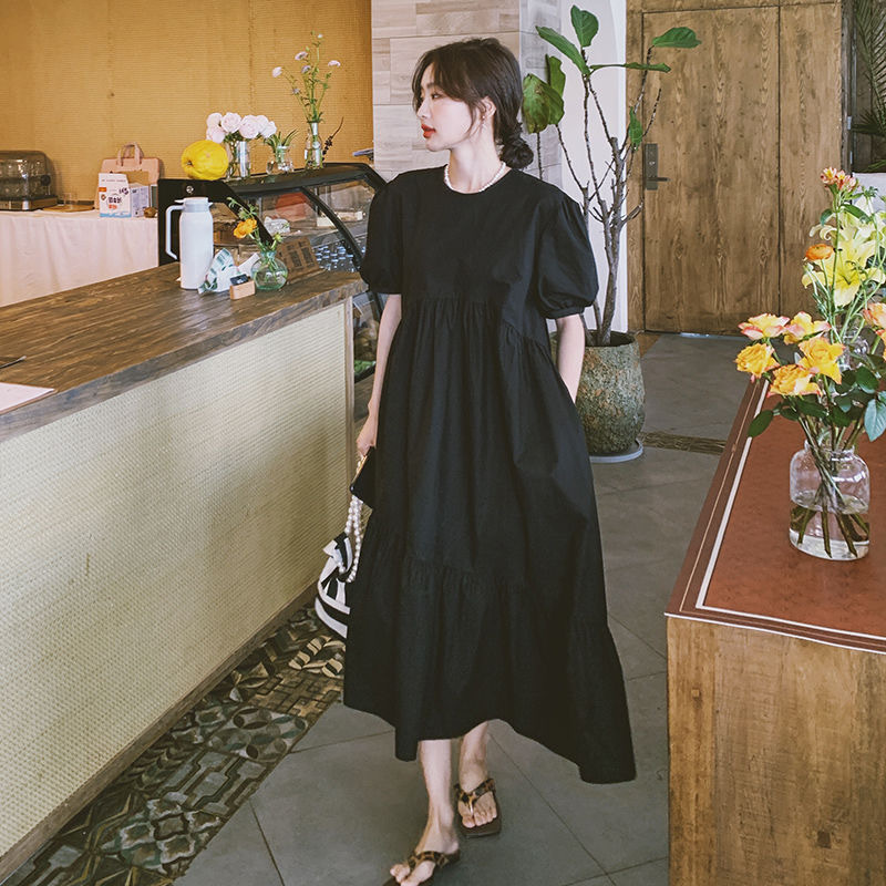 French Style Black dress Women's 2023 Summer Korean Style Small Puff Sleeve Simple Hepburn Style Loose Slimming Long Skirt