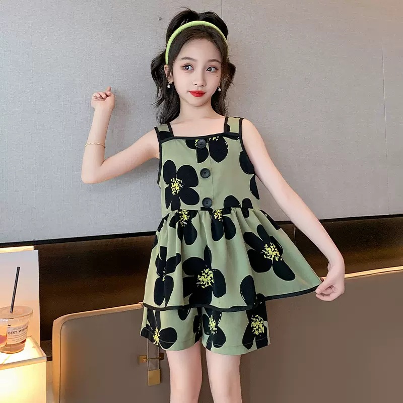 Children's Floral Suit Girls' Summer New Internet Popular Fashionable Sling Shorts Two-Piece Summer Clothes for Little Girls