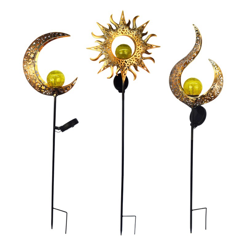 Solar Garden Light Outdoor Insert Light LED Flame Sun Moon Iron Hollow Projection Landscape Decorative Light