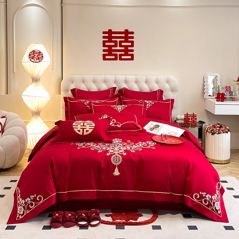 Picture of High-end European-style Wedding Four-piece Cotton Big Red Embroidered Sanding Quilt Cover Wedding Bedding Accompanying Wedding Room