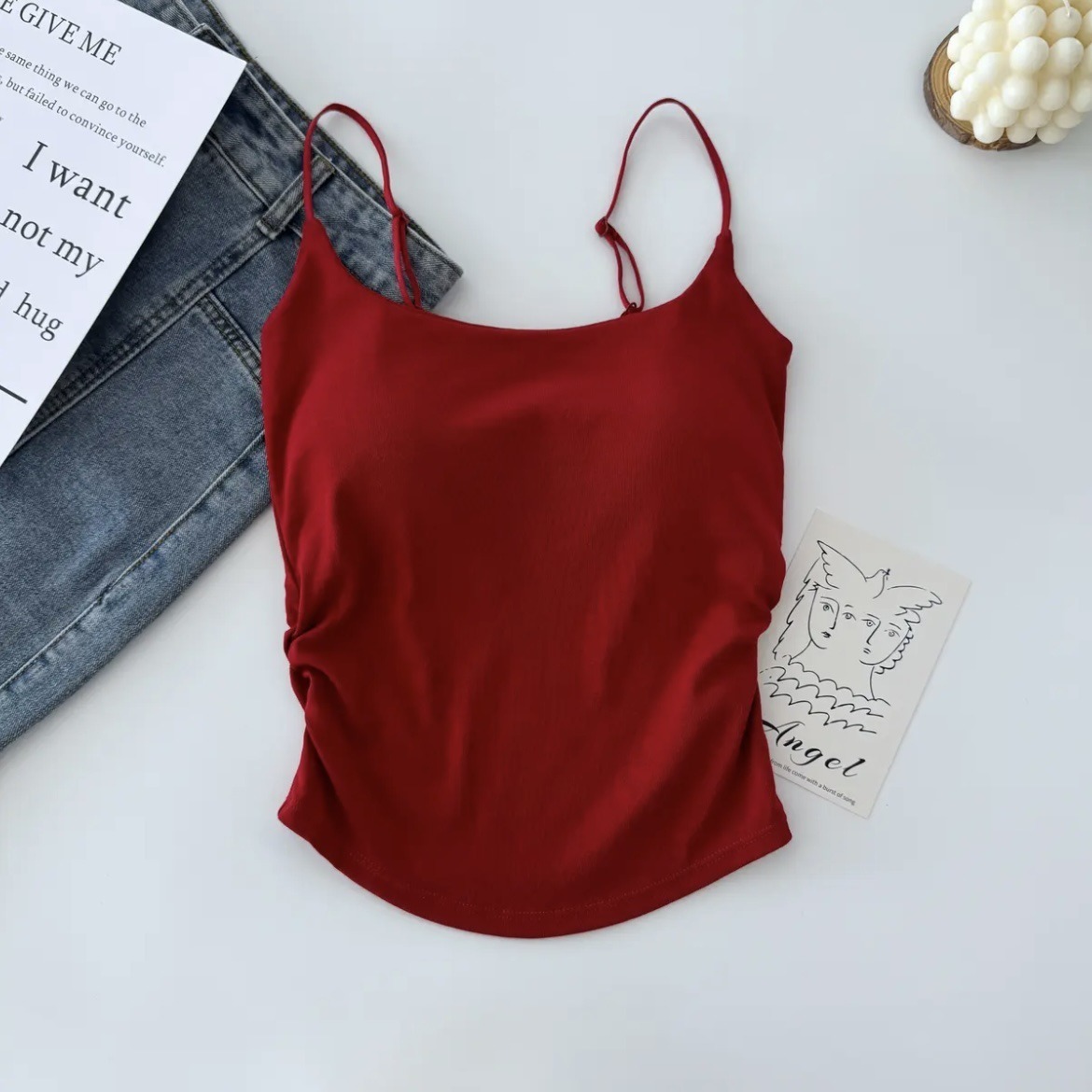Picture of Pure Lust Style Sweet and Spicy Design Pleated Camisole for Women with Breast Pads, One-Cup Inner Wear and Outer Wear Beautiful Back Top for Women