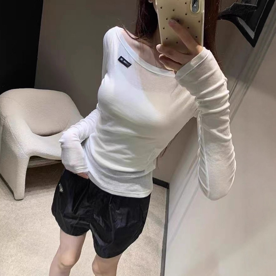 M Series Same Style 25Ss New Pure Desire One-Line Collar Lightweight Bottoming Shirt Long-Sleeved Sun Protection Design T-Shirt for Women