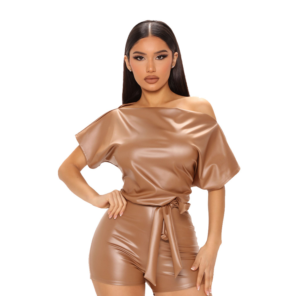 Picture of In Stock! 2022 Amazon Women's Clothing European and American Summer New Fashion Pu Slanted Shoulder Jumpsuit with Belt