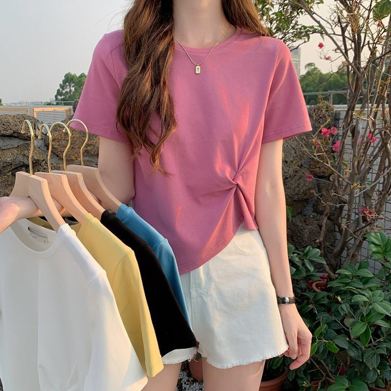 Short-sleeved Women's Thin New Summer Student Slim-fit Crewneck Design Sense Ins Trendy Casual Irregular Girl T-shirt