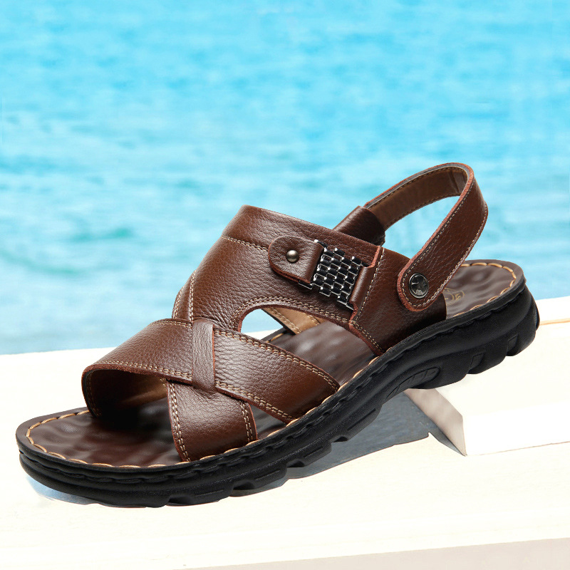 First-Layer Cowhide Men's Sandals, Men's 2025 New Genuine Leather Beach Shoes, Casual Men's Shoes, Cross-Border Large Size Slippers Wholesale