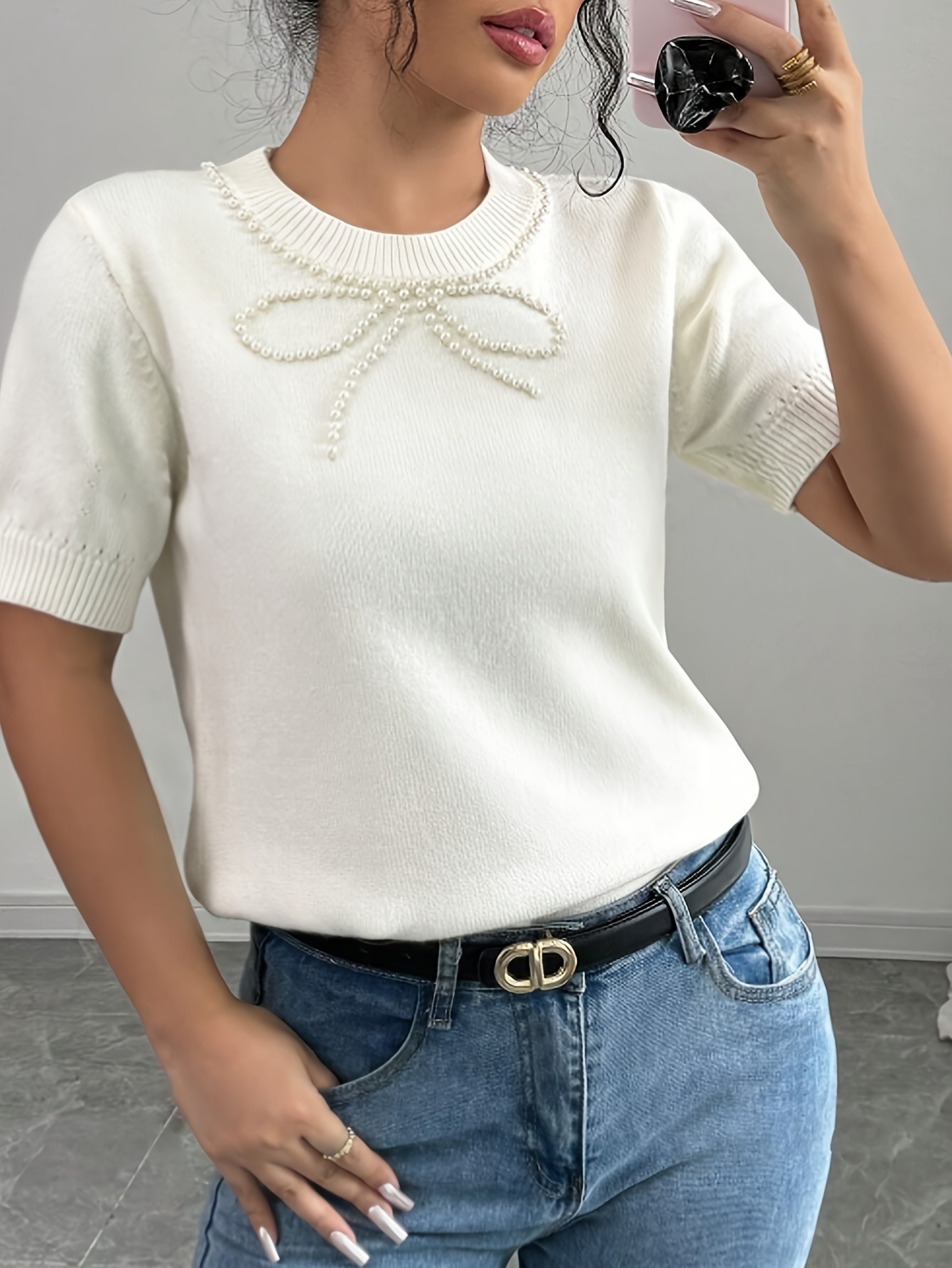 European and American Cross-border Amazon Short-sleeved T-shirt Women's Solid Color Bow Rhinestone Slim Top