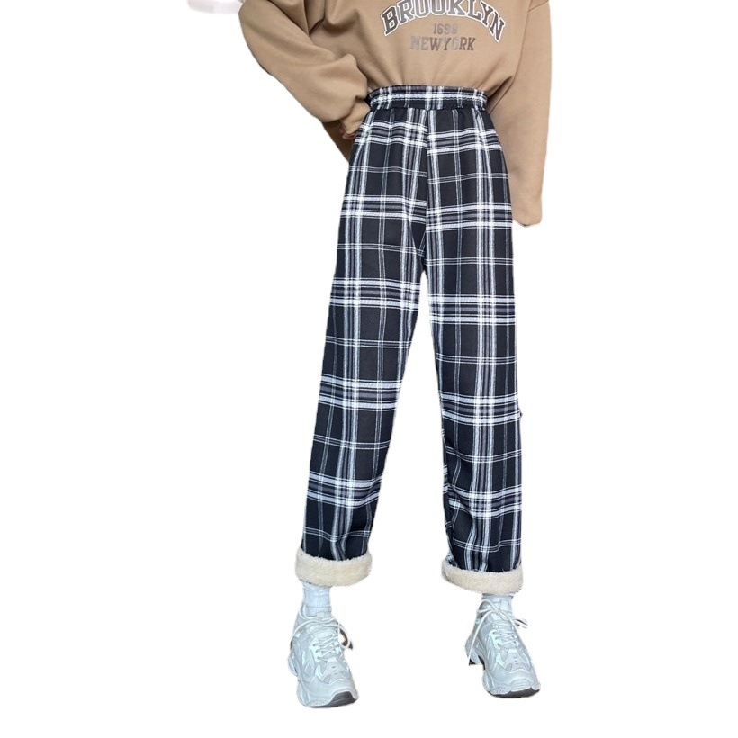 Cashmere plaid pants winter fleece-lined thick Korean style high waist slimming warm casual straight pants wide leg plaid pants