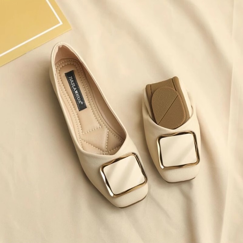 Shallow Mouth Single-layer Shoes Women's 2024 Spring and Summer New Soft Leather Women's Shoes All-match Shoes Soft-soled Pregnant Women's Square-toe Flat Shoes