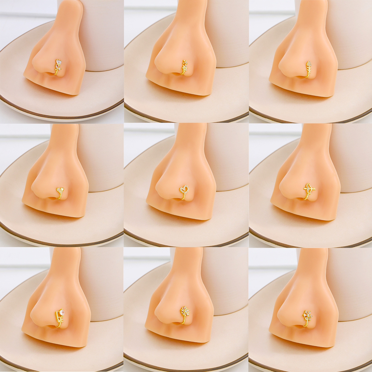Cross-border European and American Creative Personality Love Fish Bone Flower Diamond U-shaped Nose Nail Advanced Sense Simple Non-puncture Nose Ring