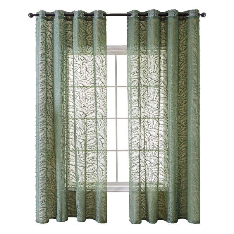 Modern Simple Small Fresh Green Large Leaves Home Curtains Bedroom Living Room Balcony Semi-Blackout Sunshade Gauze Curtain Free
