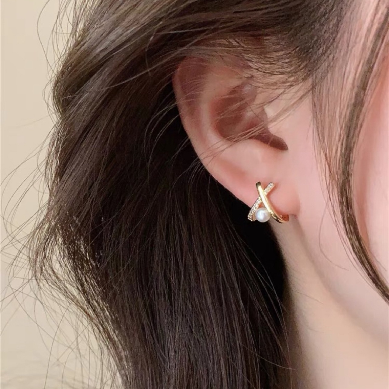 Micro-inlaid zircon cross natural freshwater pearl earrings s925 silver needle temperament Joker little girl