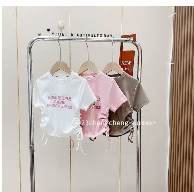 Korean Style Kidsren's Clothing 2025 Girls Summer Fashion Simple Letter Short T-Shirt Kidsren's Ice Silk Drawstring Short-Sleeved Top