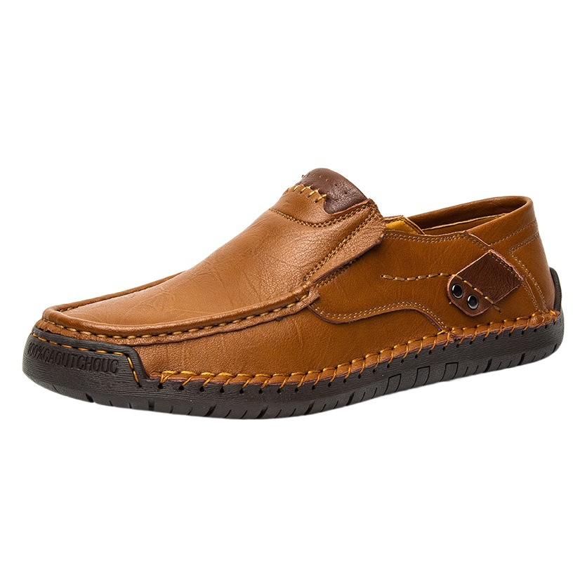 Cross-border Semi-managed Hand-stitched Men's Shoes Outdoor Casual Shoes Slip-on Flat Leather Shoes Low-top plus size Loafers