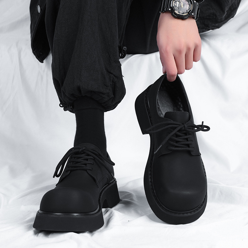 Men's Derby Shoes with Raised Toe, High-End Commuter Style, Black Thick-Soled Trendy Shoes, New Spring and Autumn Height-Increasing Shoes 9522