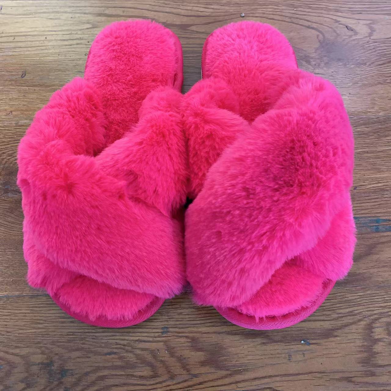 Picture of Amazon Slippers Winter Plush Cross-Strap Cotton Indoor Warm Plus Large Fur Slippers Women's High and Low Imitation Rabbit Fur