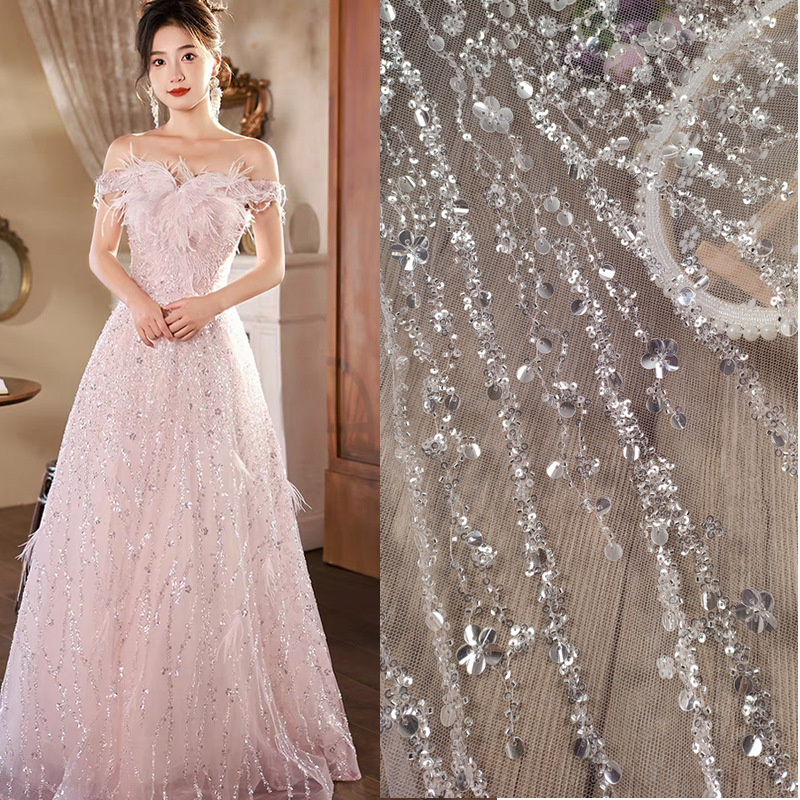 One meter multi-color European and American style three-dimensional beaded sequined lace fabric high-definition wedding dress vertical striped fabric