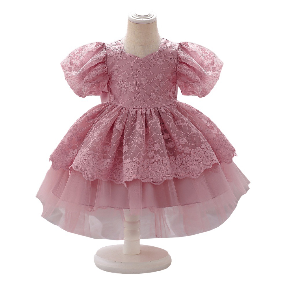 Amazon's New Princess Dress with Puff Sleeves and Tail for Infants and Young Kidsren, Fashionable Tutu Skirt, Baby Girl's One-Year-Old Dress