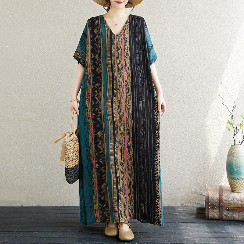 Vintage V-neck Black Vertical Strip dress Artistic Original 2024 Thin Cotton and Linen Gown Loose plus size Slim Dress Women