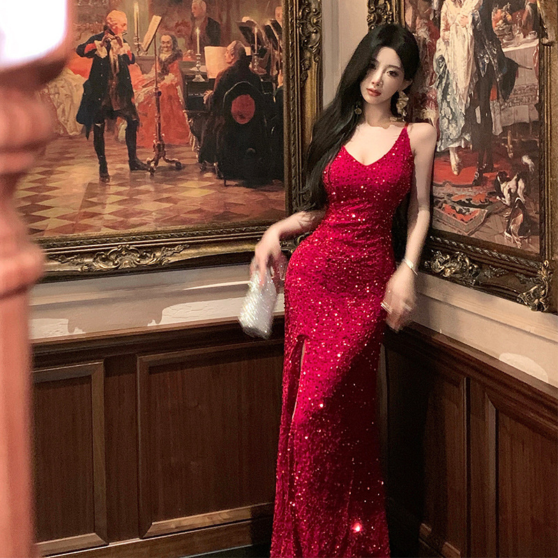Picture of 2025 Christmas Evening Dress Red Sequins dress Sexy Split Annual Meeting Dress Adult Ceremony Dress Fishtail