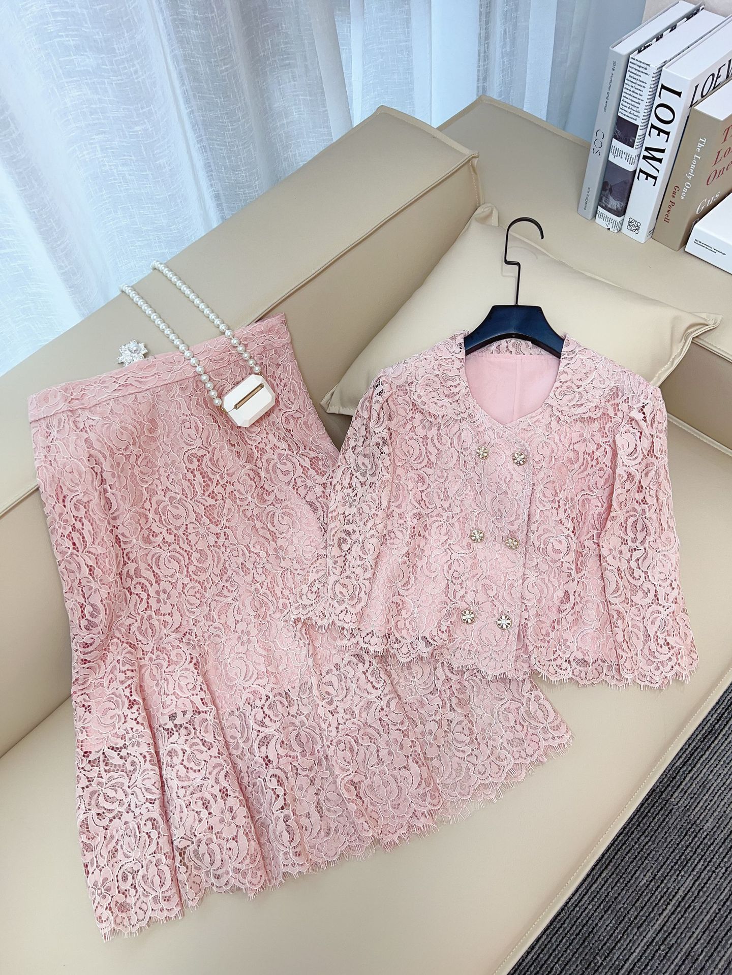 Fashion Elegant Eyelash Lace suit New Lapel Double-breasted Top Slim-fit Slimming Fishtail Overskirt Two-piece Set